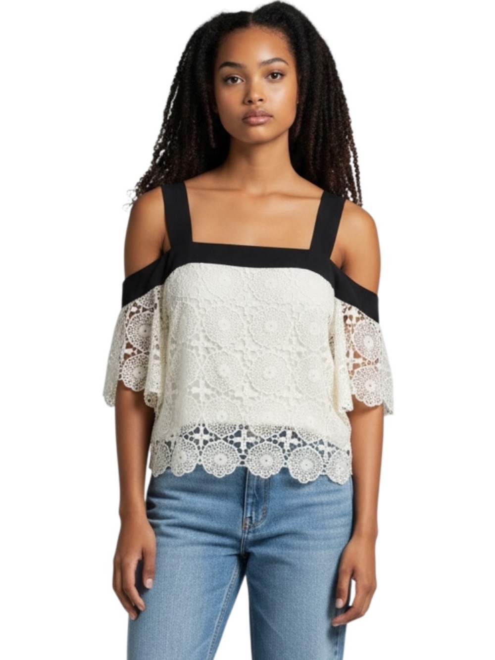 Haute Monde Ivory Lace Cold-Shoulder Blouse with Black Trim